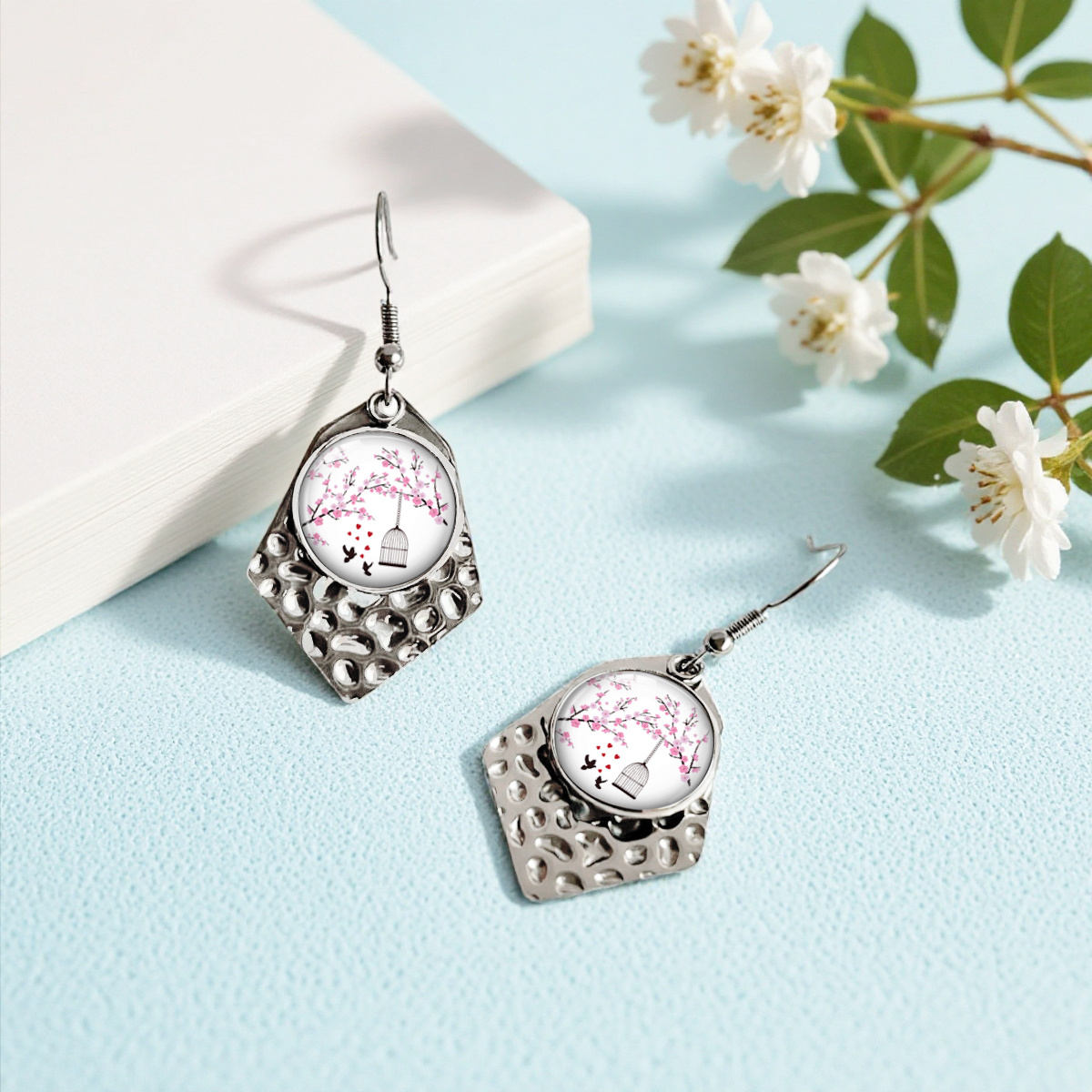 Cherry Blossom Birdcage Hexagonal Dangle Earrings